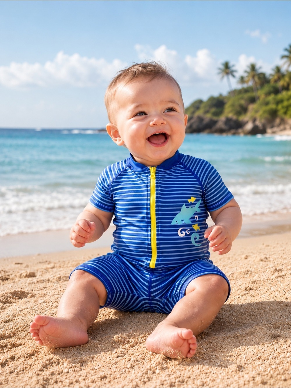 i play Blue Striped Shark Zip Rashguard Swim Onesie 6M